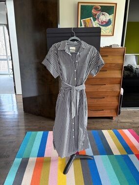 J. Crew Black and White Gingham Midi Shirt Dress with Tie Belt